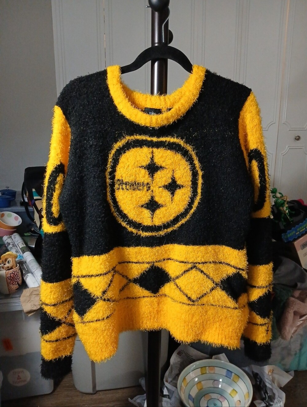 NFL Black and Yellow Fuzzy Crewneck with Team Crest